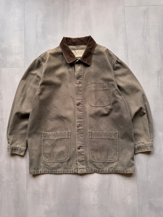 VINTAGE FADED GREY/GREEN CANVAS CHORE JACKET - M