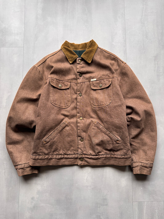 VINTAGE RIFLE LINED BROWN TRUCKER JACKET - L