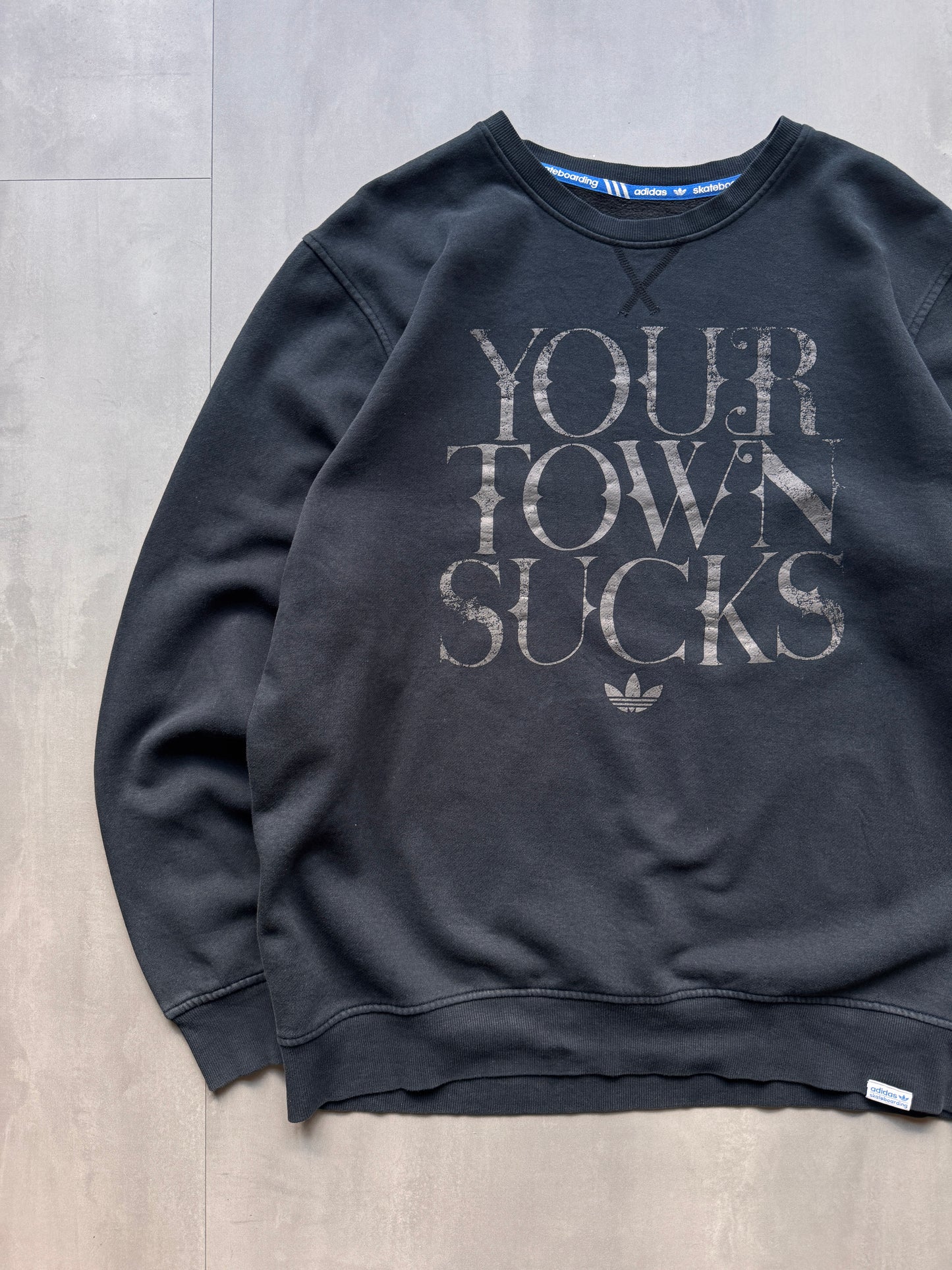 VINTAGE ADIDAS 'YOUR TOWN SUCKS' BLACK SWEATER - L