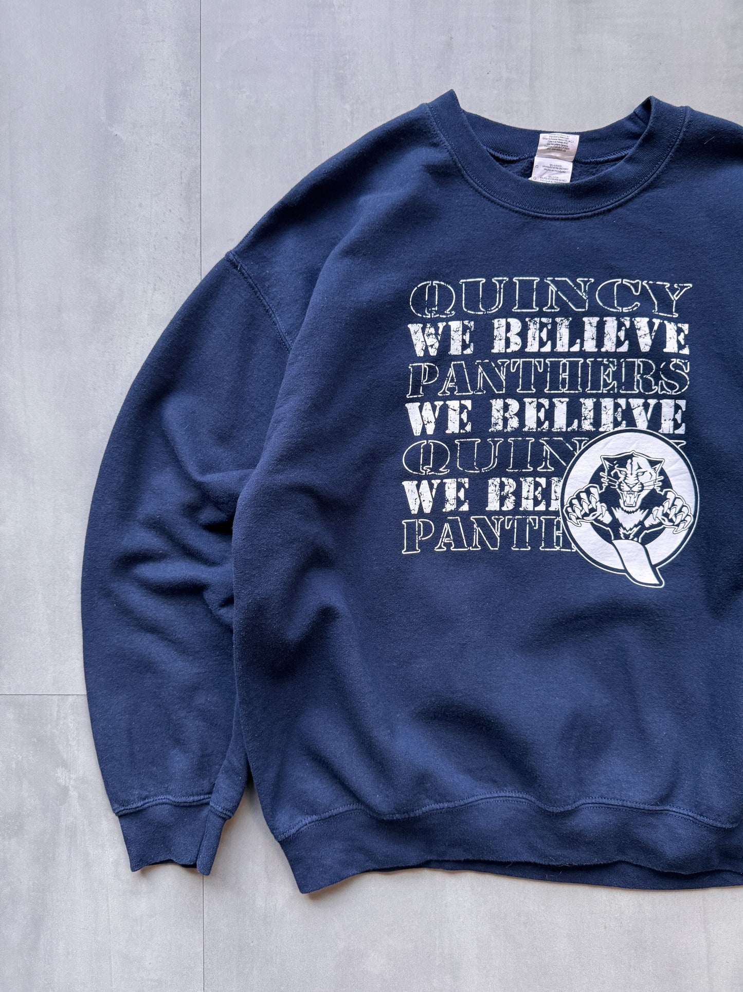 VINTAGE QUINCY PANTHERS NAVY SWEATER - LARGE