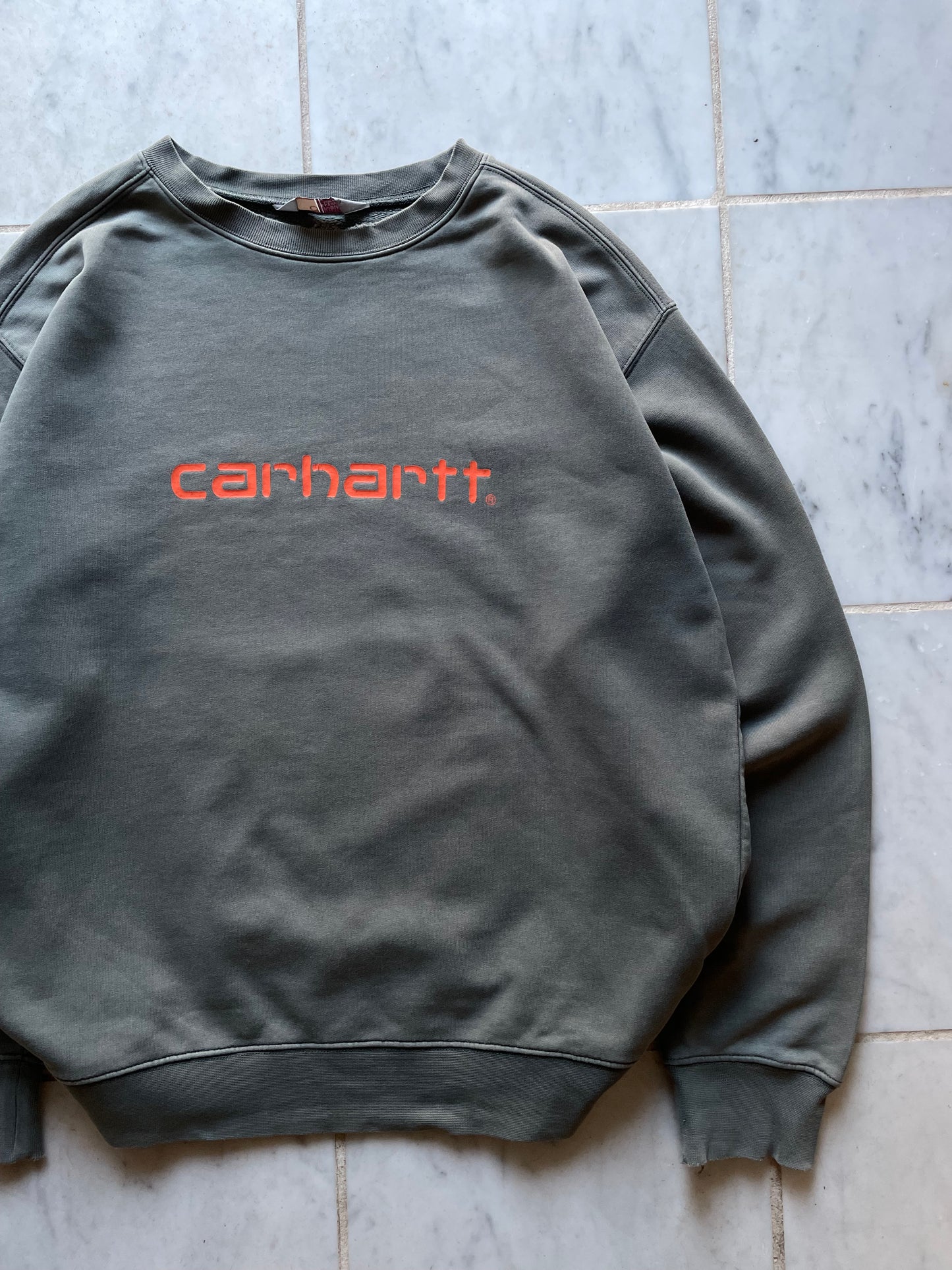 CARHARTT ORANGE LOGO GREY/GREEN SWEATER - LARGE/XLARGE