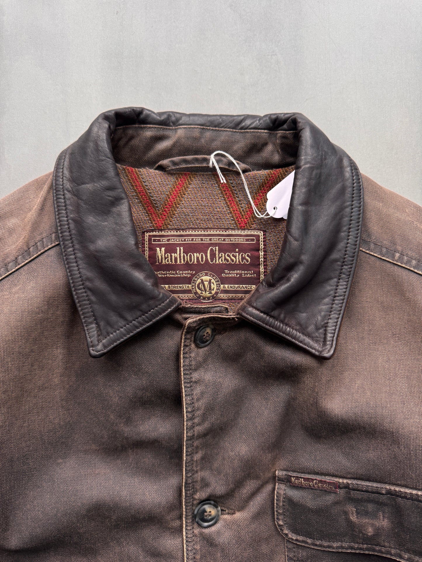 VINTAGE MARLBORO CLASSICS DARK BROWN AGED LEATHER TRENCHCOAT/JACKET - XL