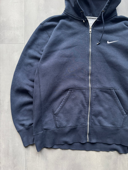 VINTAGE NIKE SWOOSH NAVY ZIP UP HOODIE - XXL