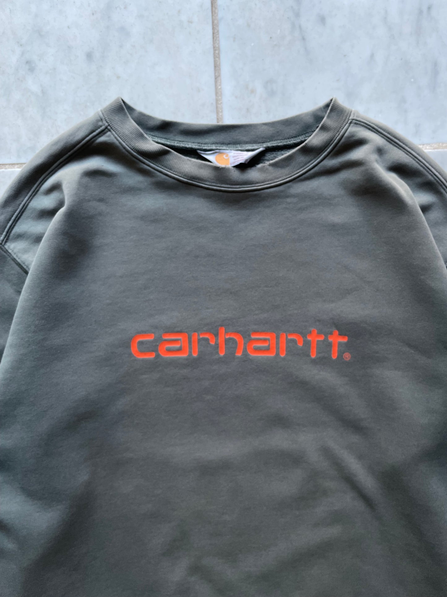 CARHARTT ORANGE LOGO GREY/GREEN SWEATER - LARGE/XLARGE