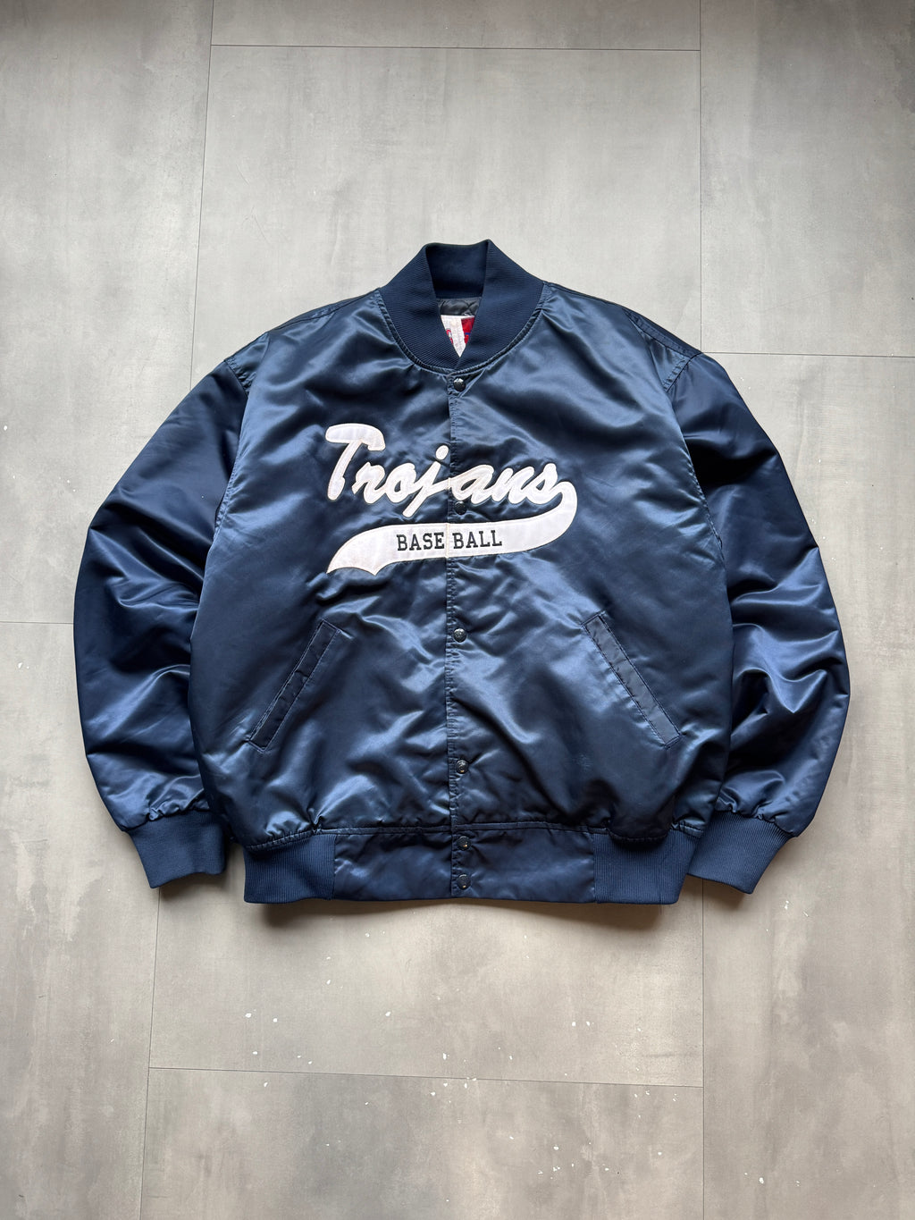 VINTAGE TROJANS BASEBALL NAVY SATIN BOMBER JACKET - XL