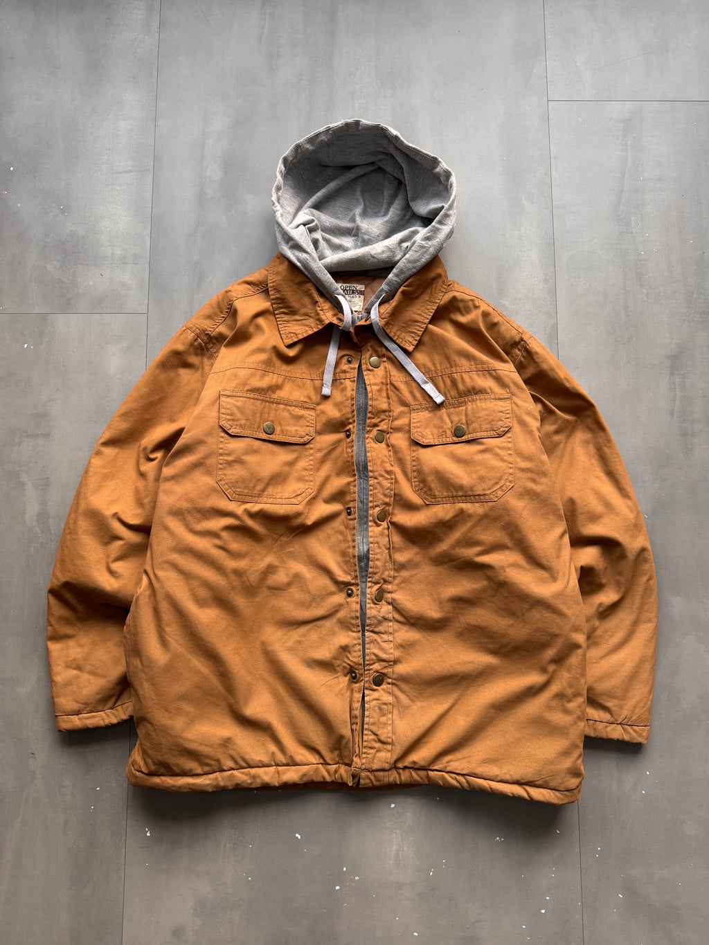 VINTAGE OPEN TRAILS TAN HOODED WORK JACKET - L