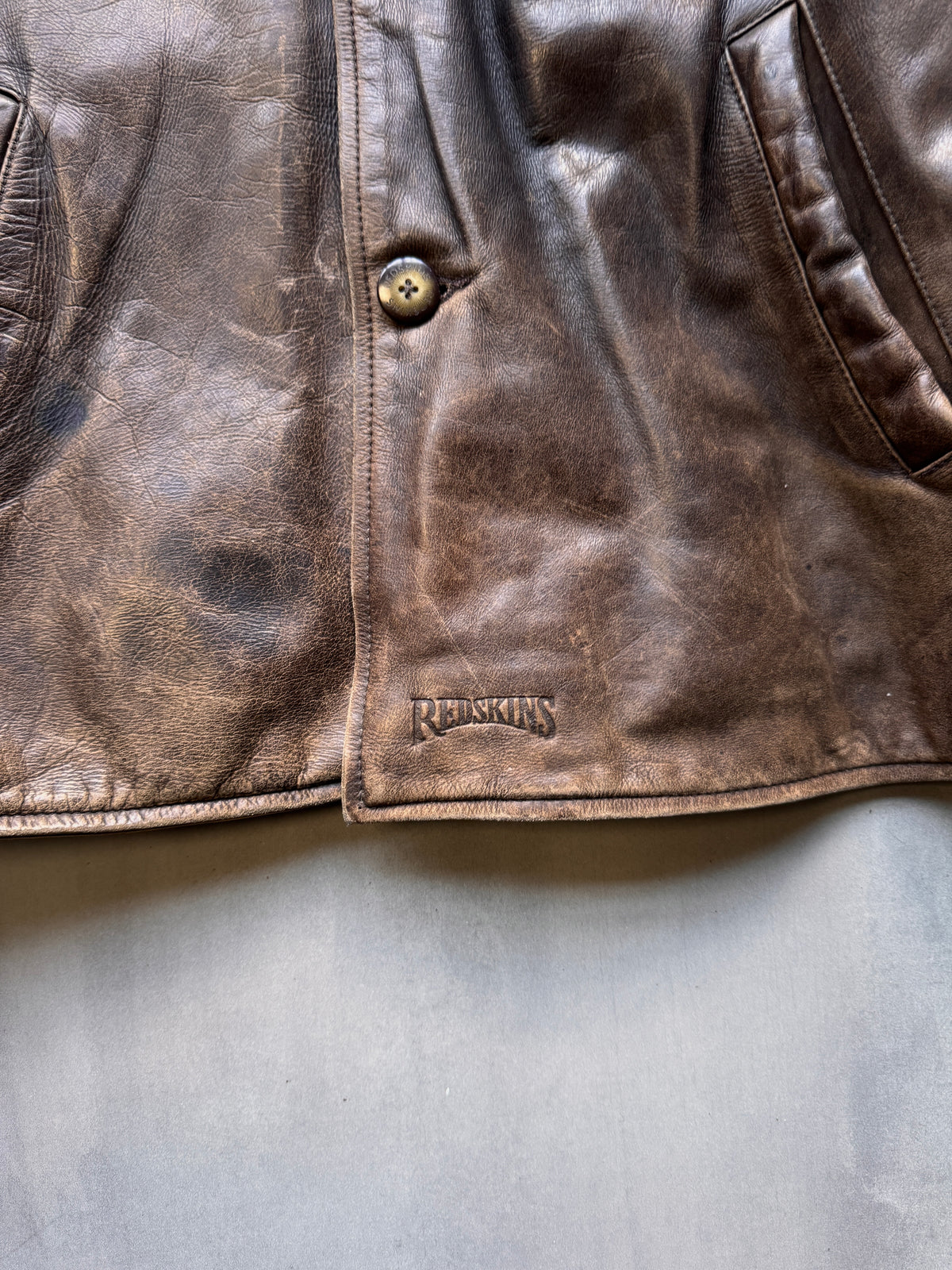 VINTAGE REDSKINS BROWN AGED LEATHER TRENCH COAT JACKET - XL