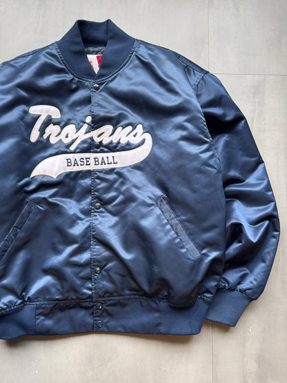 VINTAGE TROJANS BASEBALL NAVY SATIN BOMBER JACKET - XL