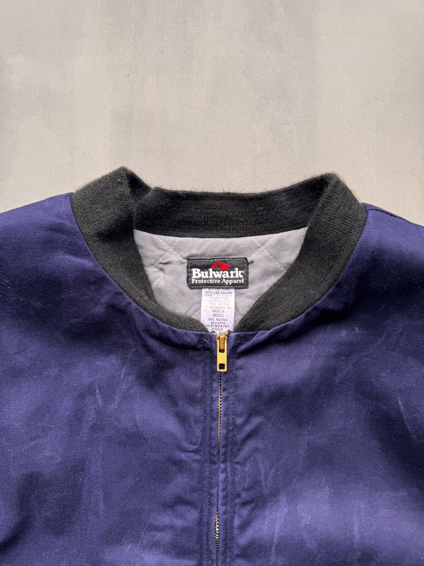 VINTAGE BULWARK FIRE RESISTANT FADED NAVY BOMBER JACKET - XXXXL