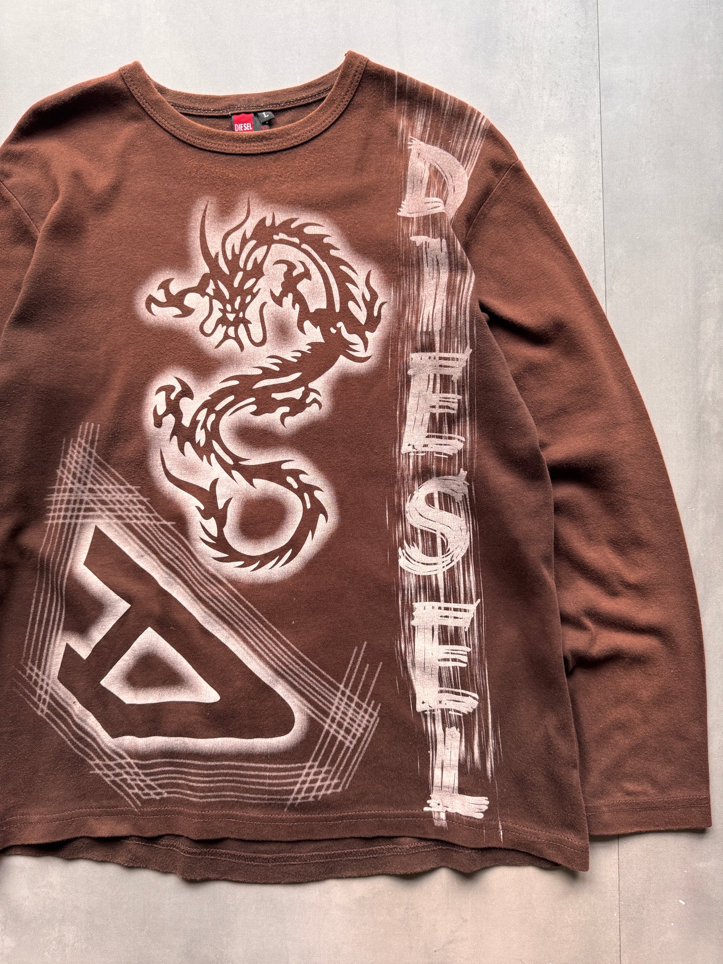 VINTAGE DIESEL BROWN LONGSLEEVE DRAGON TEE - M