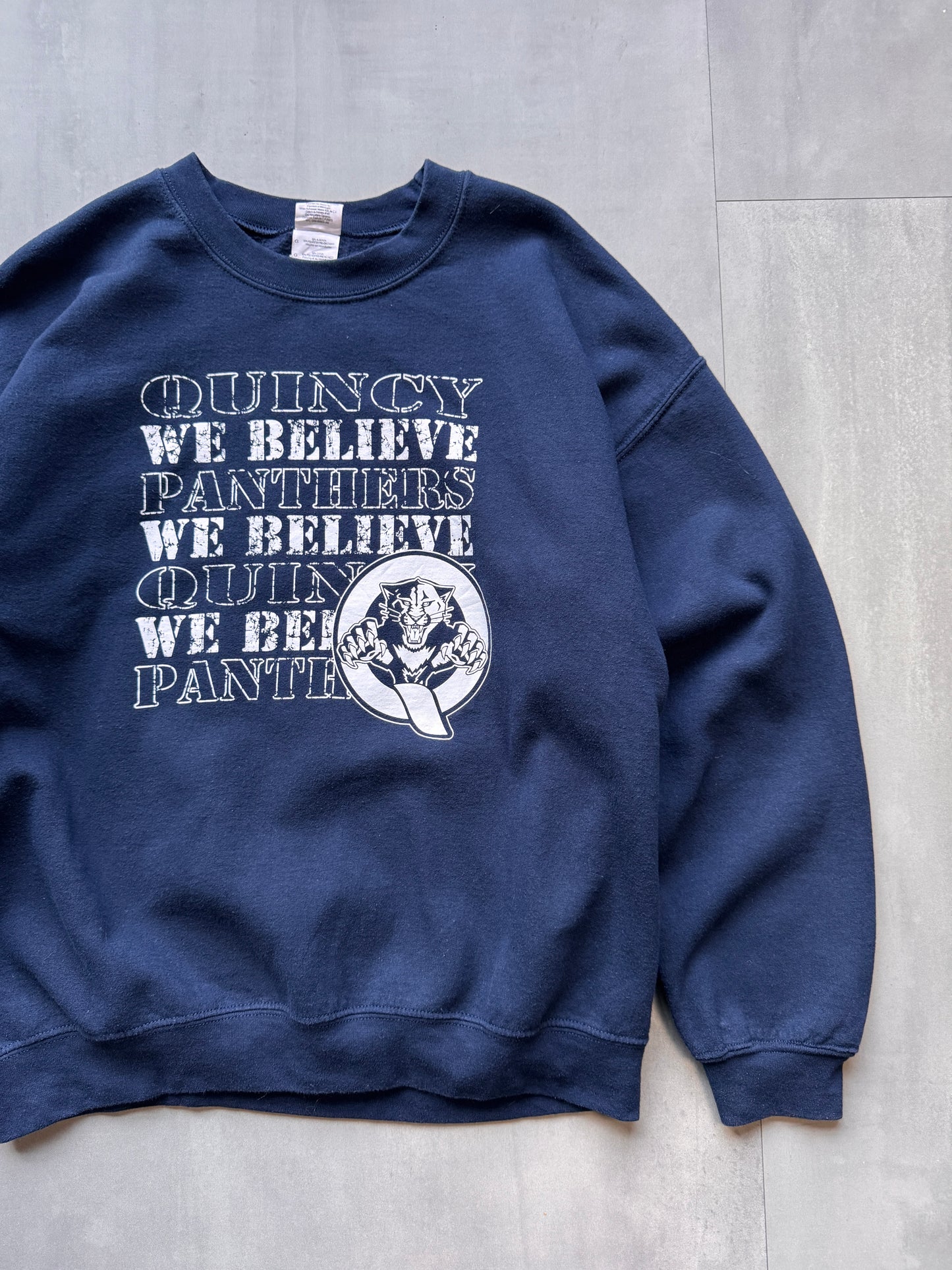 VINTAGE QUINCY PANTHERS NAVY SWEATER - LARGE