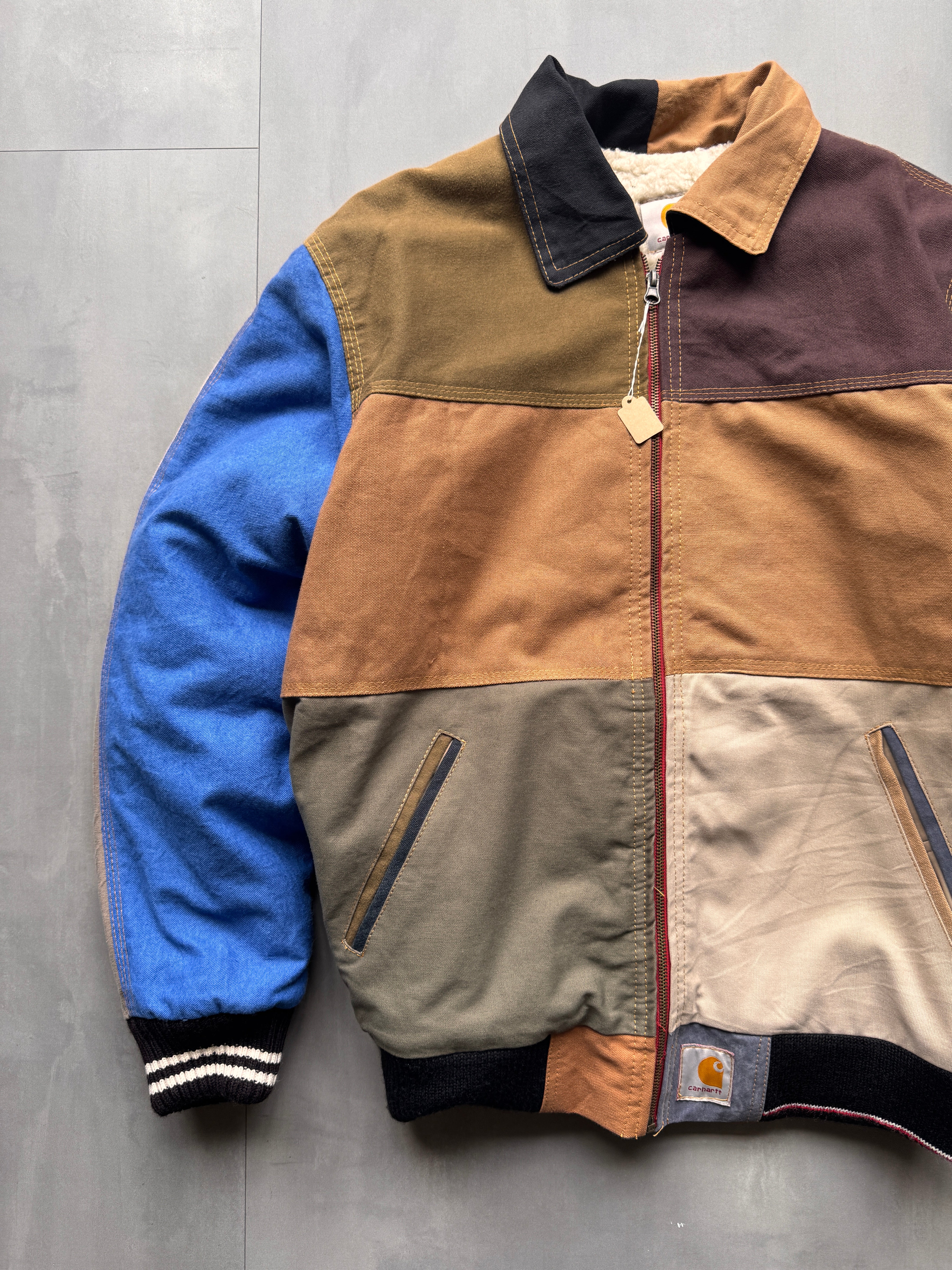 VINTAGE CARHARTT REWORKED SHERPA LINED MULTICOLOR DETROIT JACKET