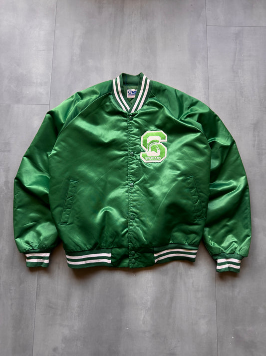 VINTAGE CHALKLINE MICHIGAN STATE SPARTANS GREEN SATIN BOMBER JACKET - XL