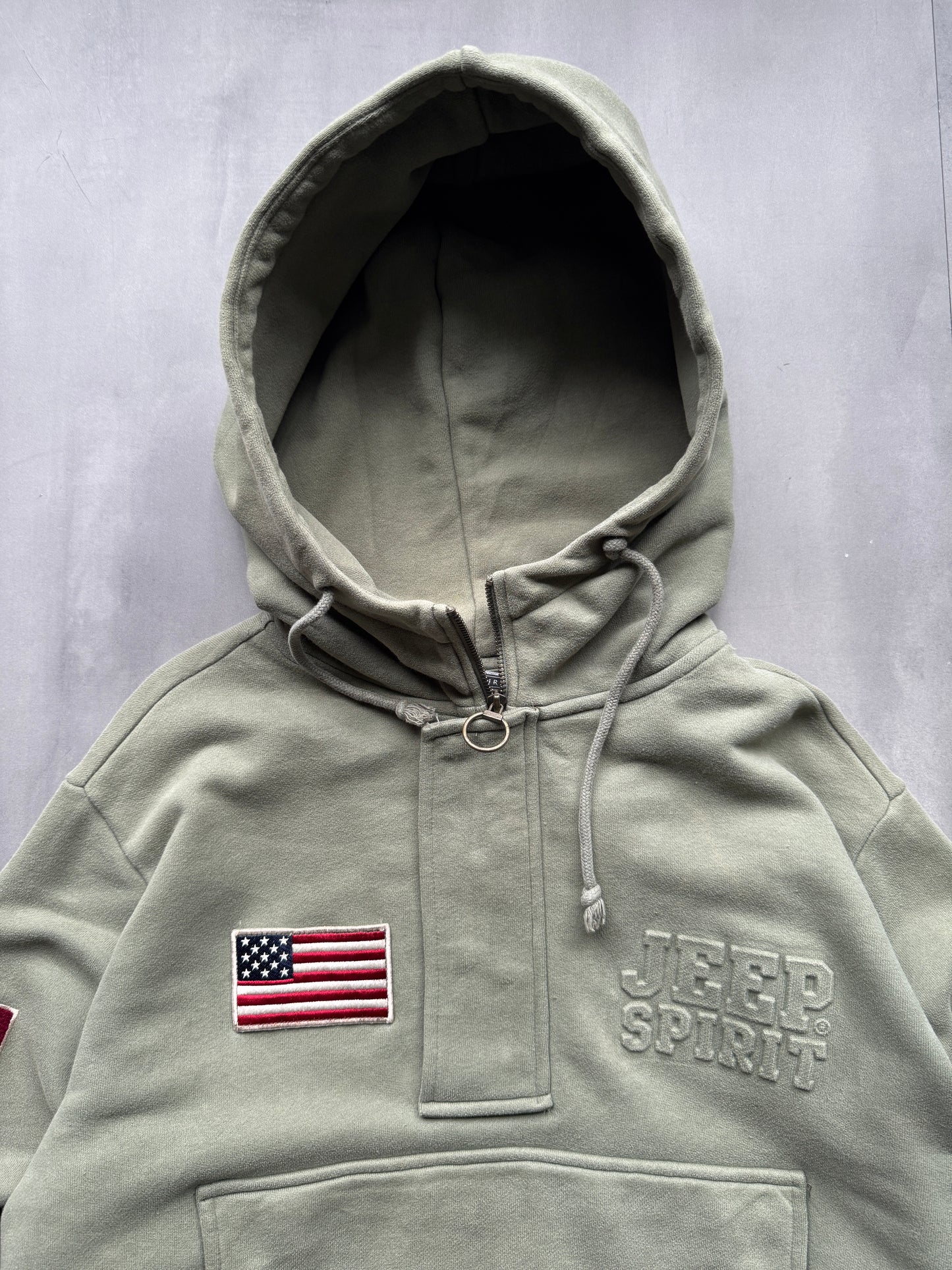 VINTAGE JEEP FADED GREEN 1/4 ZIP HOODIE - L