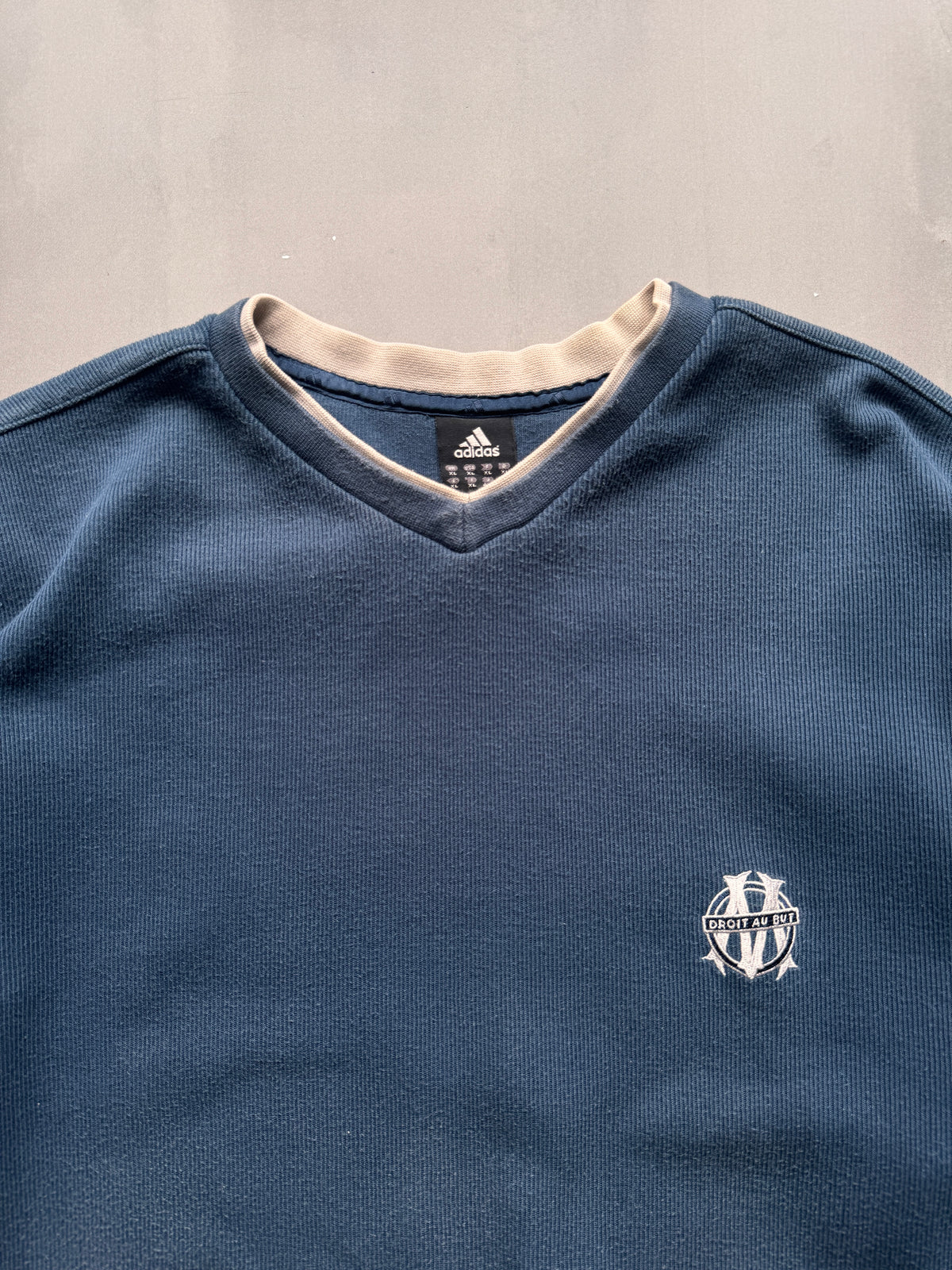 VINTAGE ADIDAS OLYMPIQUE MARSEILLE RIBBED NAVY BLUE SWEATER - L