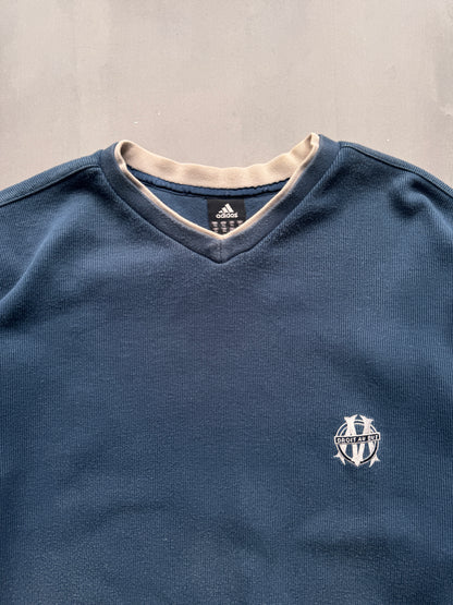 VINTAGE ADIDAS OLYMPIQUE MARSEILLE RIBBED NAVY BLUE SWEATER - L