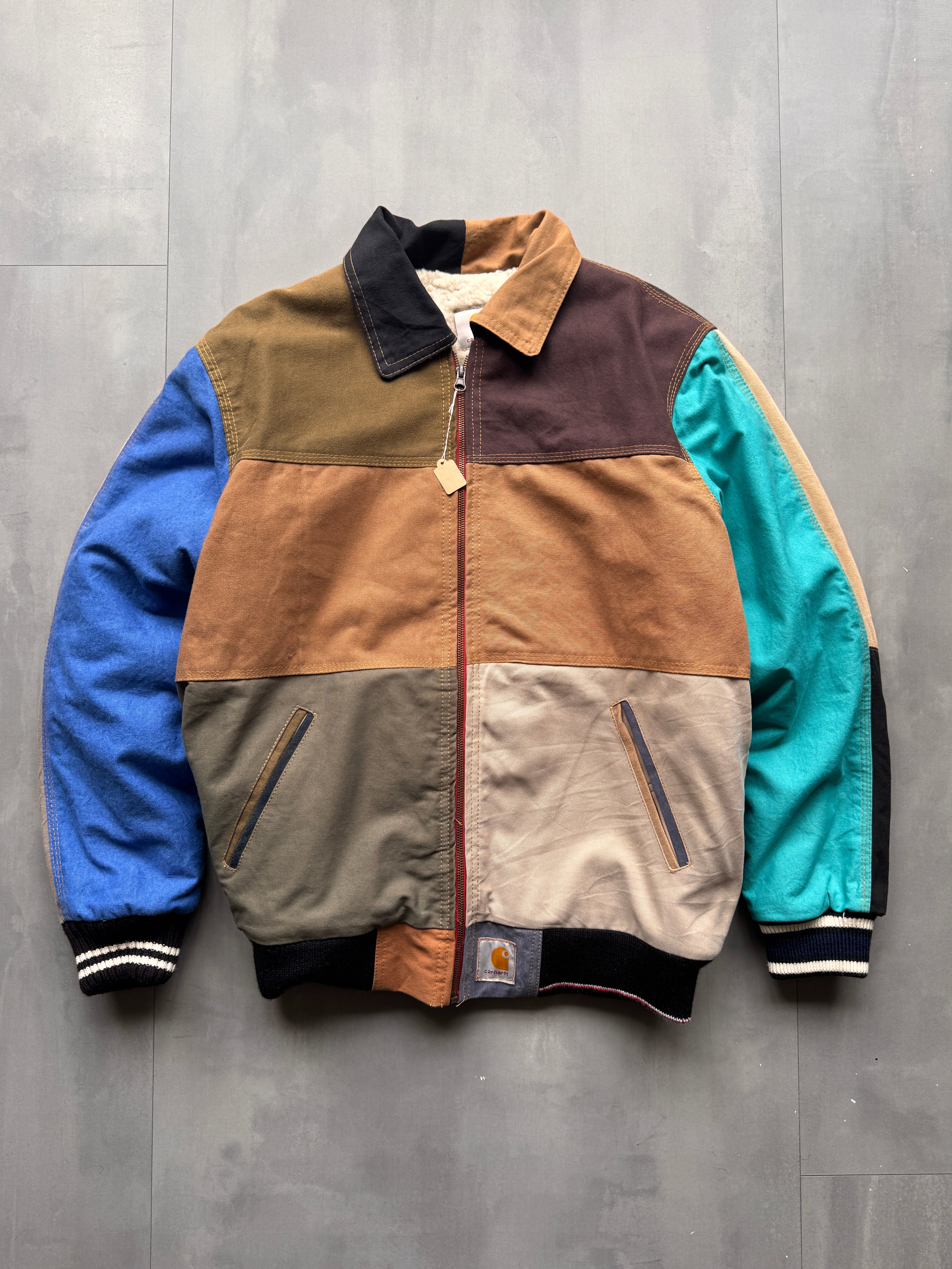 VINTAGE CARHARTT REWORKED SHERPA LINED MULTICOLOR DETROIT JACKET