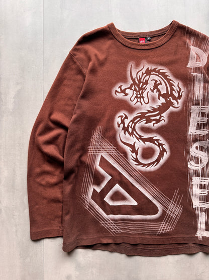 VINTAGE DIESEL BROWN LONGSLEEVE DRAGON TEE - M