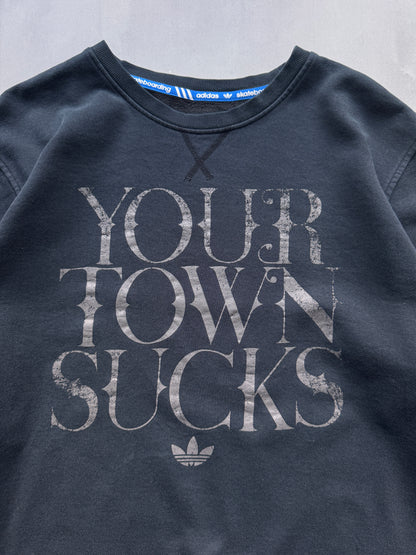 VINTAGE ADIDAS 'YOUR TOWN SUCKS' BLACK SWEATER - L