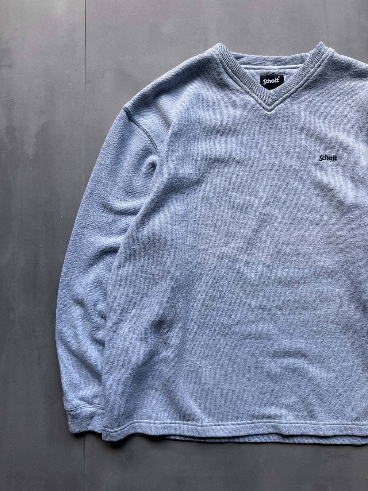 VINTAGE SCHOTT NYC LIGHT BLUE V-NECK SWEATER - L
