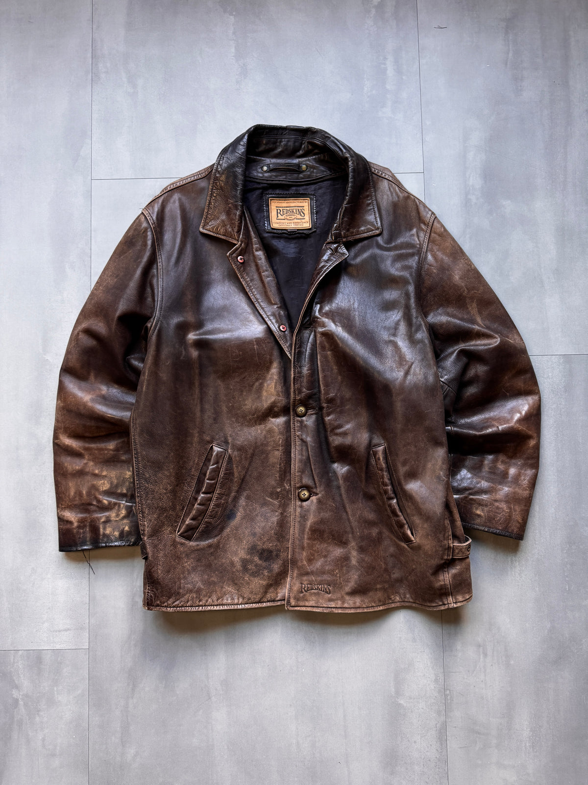 VINTAGE REDSKINS BROWN AGED LEATHER TRENCH COAT JACKET - XL