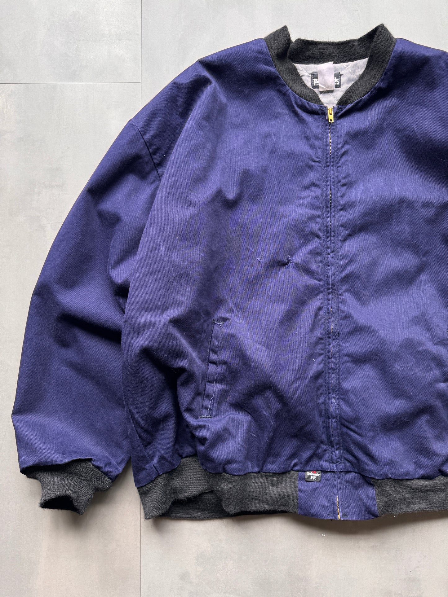 VINTAGE BULWARK FIRE RESISTANT FADED NAVY BOMBER JACKET - XXXXL
