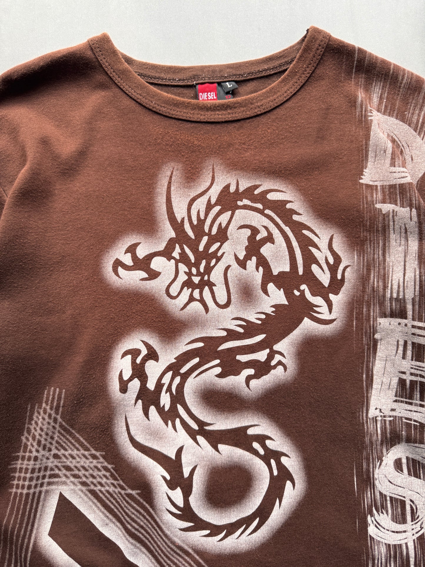 VINTAGE DIESEL BROWN LONGSLEEVE DRAGON TEE - M