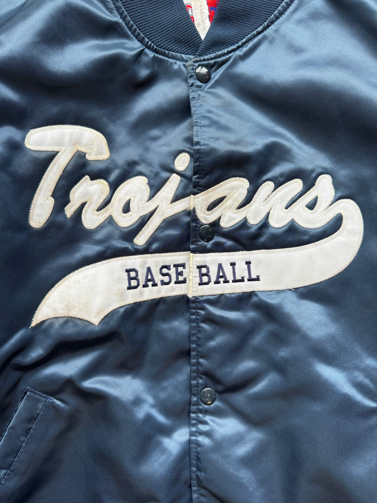 VINTAGE TROJANS BASEBALL NAVY SATIN BOMBER JACKET - XL