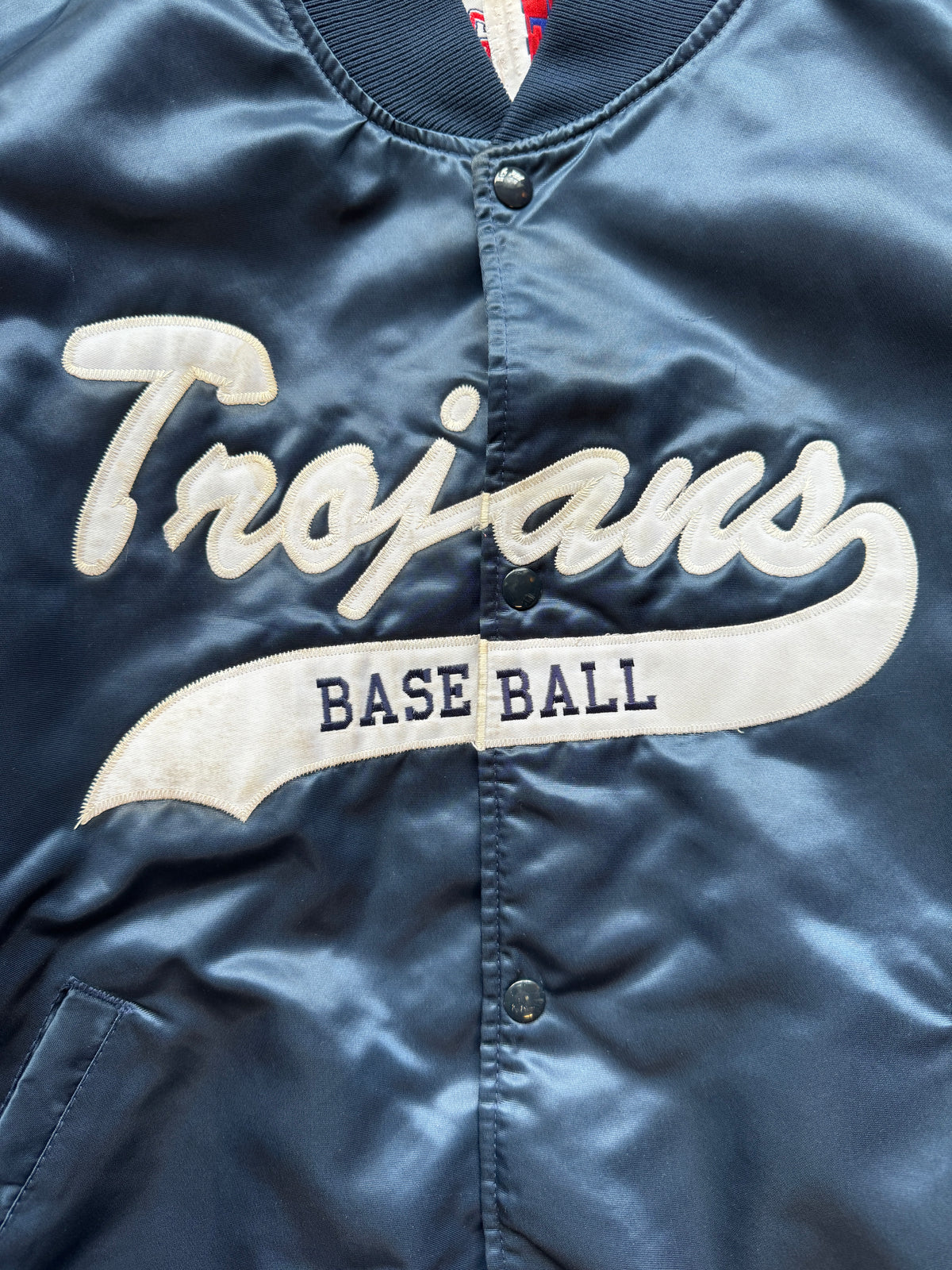 VINTAGE TROJANS BASEBALL NAVY SATIN BOMBER JACKET - XL