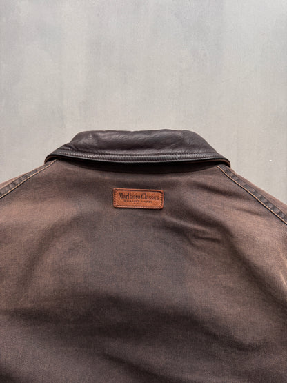 VINTAGE MARLBORO CLASSICS DARK BROWN AGED LEATHER TRENCHCOAT/JACKET - XL
