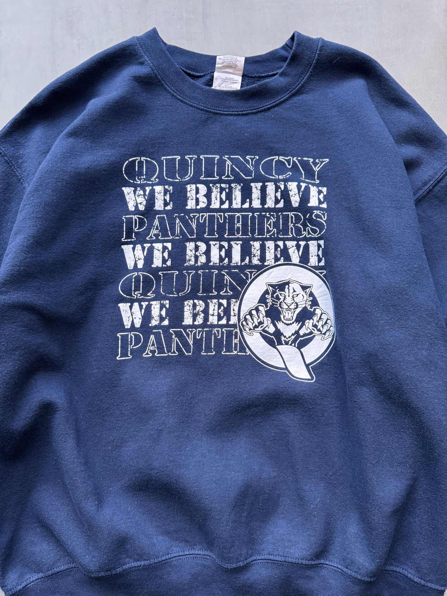 VINTAGE QUINCY PANTHERS NAVY SWEATER - LARGE