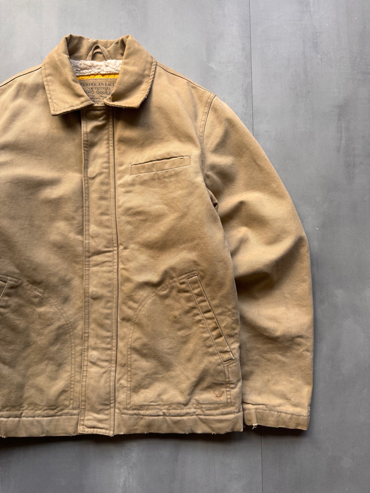 VINTAGE AMERICAN EAGLE SHERPA LINED TAN JACKET - S