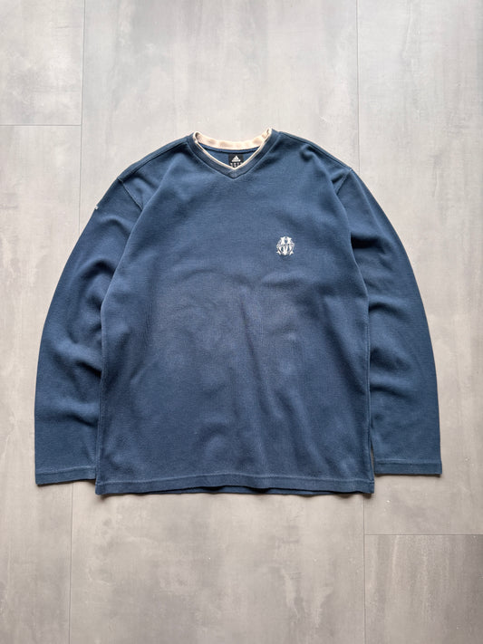 VINTAGE ADIDAS OLYMPIQUE MARSEILLE RIBBED NAVY BLUE SWEATER - L