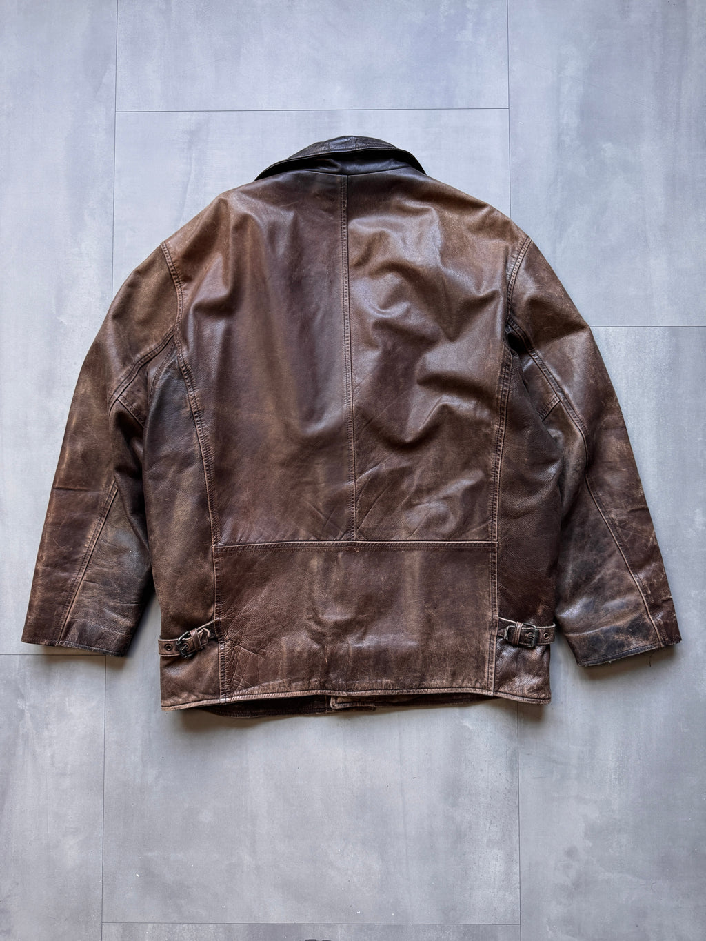 VINTAGE REDSKINS BROWN AGED LEATHER TRENCH COAT JACKET - XL