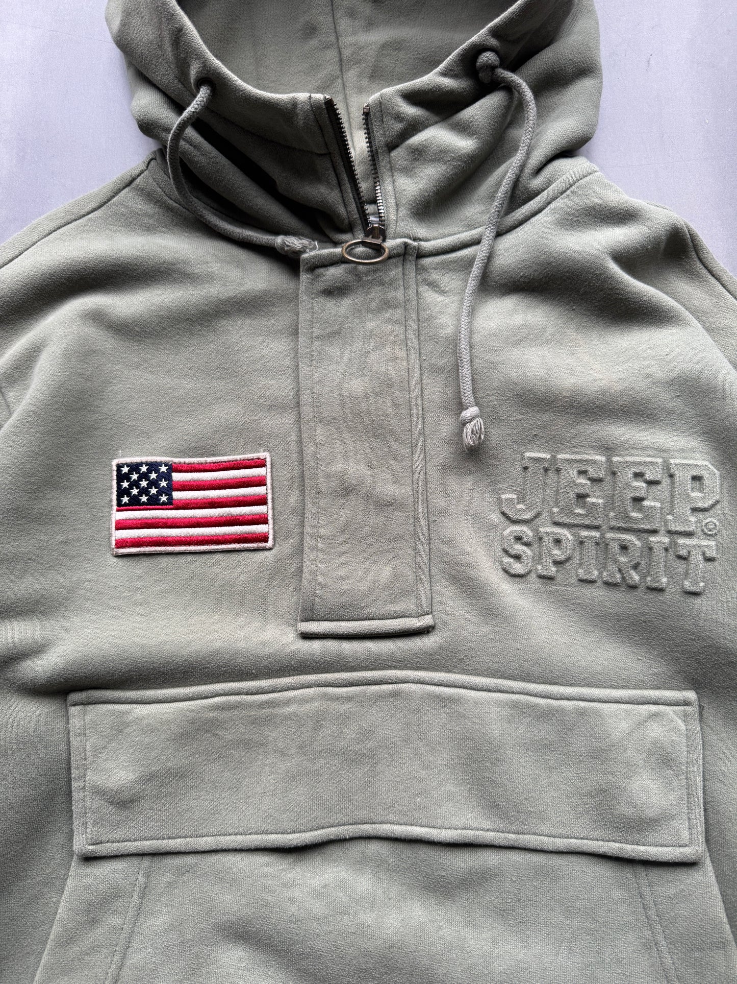 VINTAGE JEEP FADED GREEN 1/4 ZIP HOODIE - L