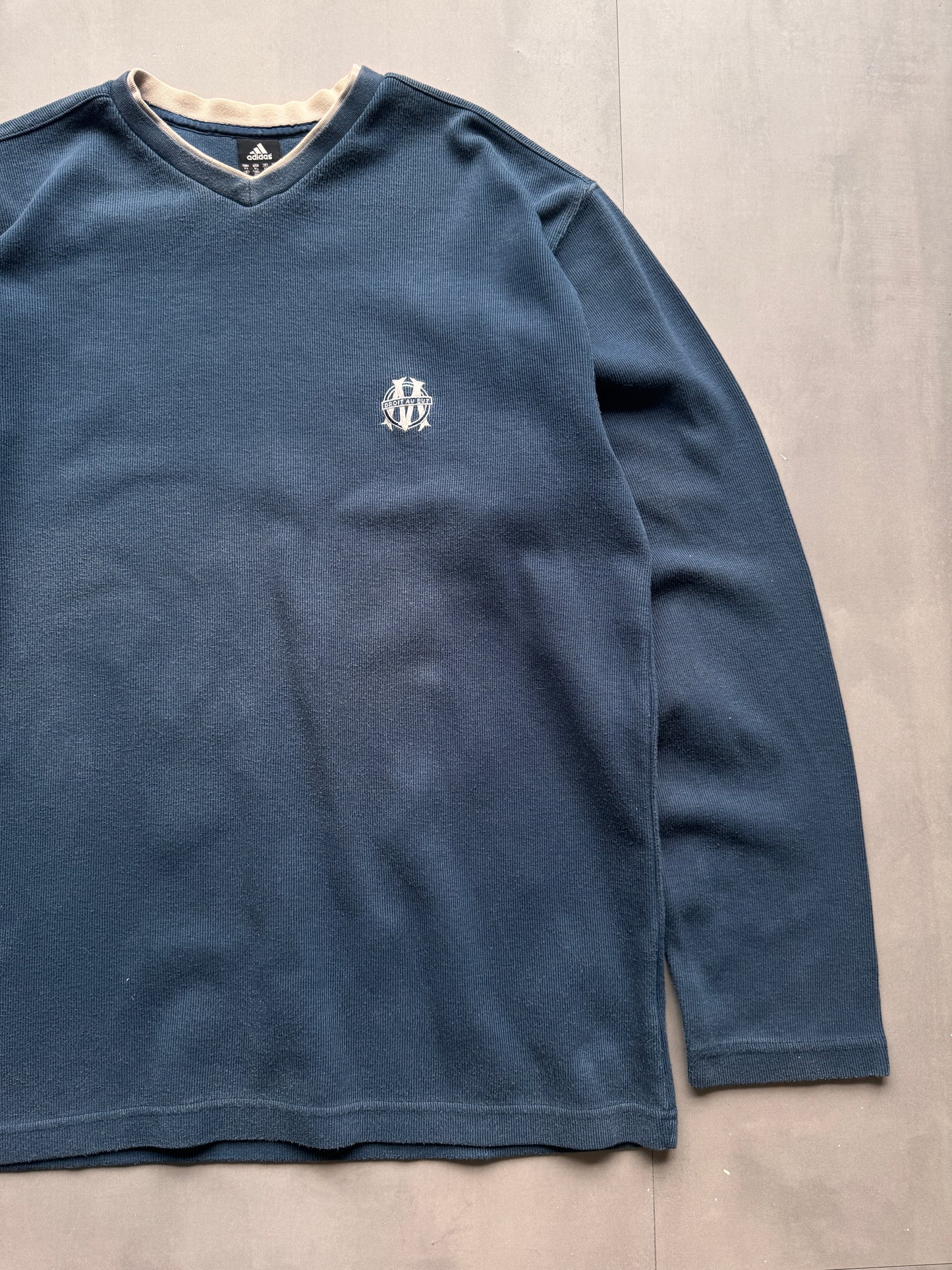 VINTAGE ADIDAS OLYMPIQUE MARSEILLE RIBBED NAVY BLUE SWEATER - L