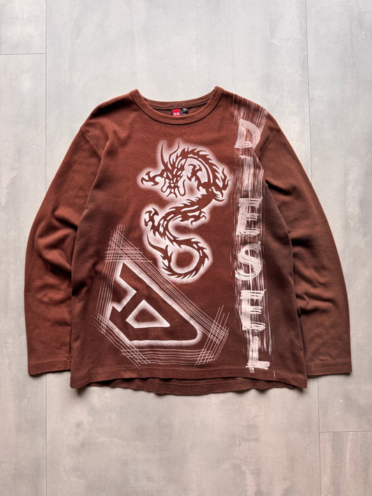 VINTAGE DIESEL BROWN LONGSLEEVE DRAGON TEE - M