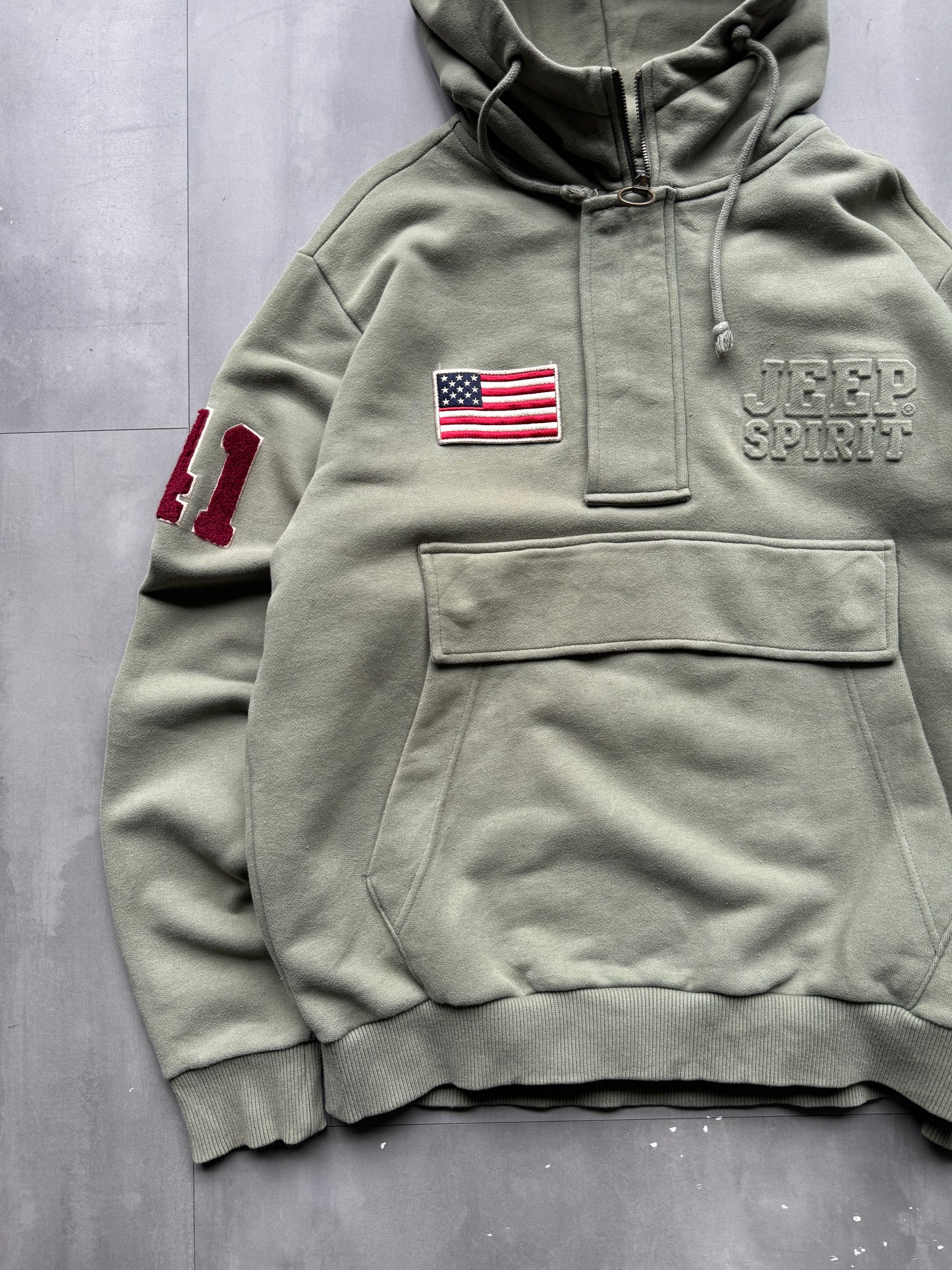 VINTAGE JEEP FADED GREEN 1/4 ZIP HOODIE - L