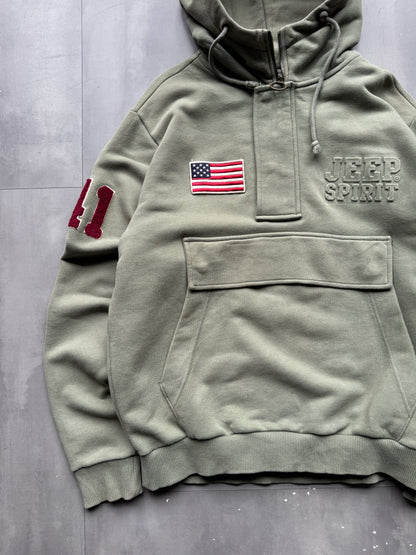 VINTAGE JEEP FADED GREEN 1/4 ZIP HOODIE - L