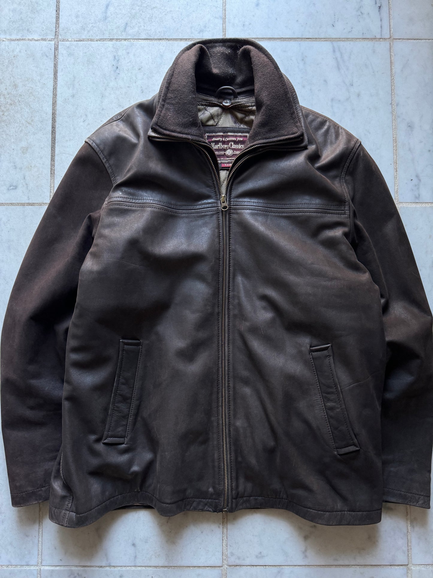 MARLBORO CLASSICS DARK BROWN LEATHER JACKET - LARGE/XLARGE