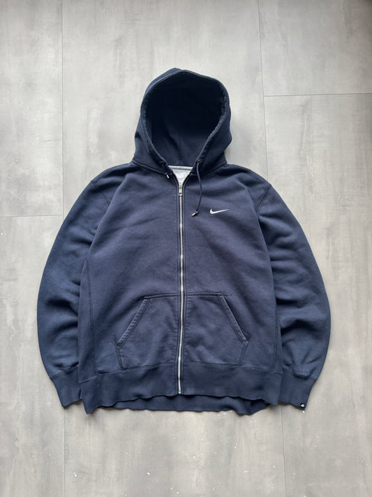 VINTAGE NIKE SWOOSH NAVY ZIP UP HOODIE - XXL