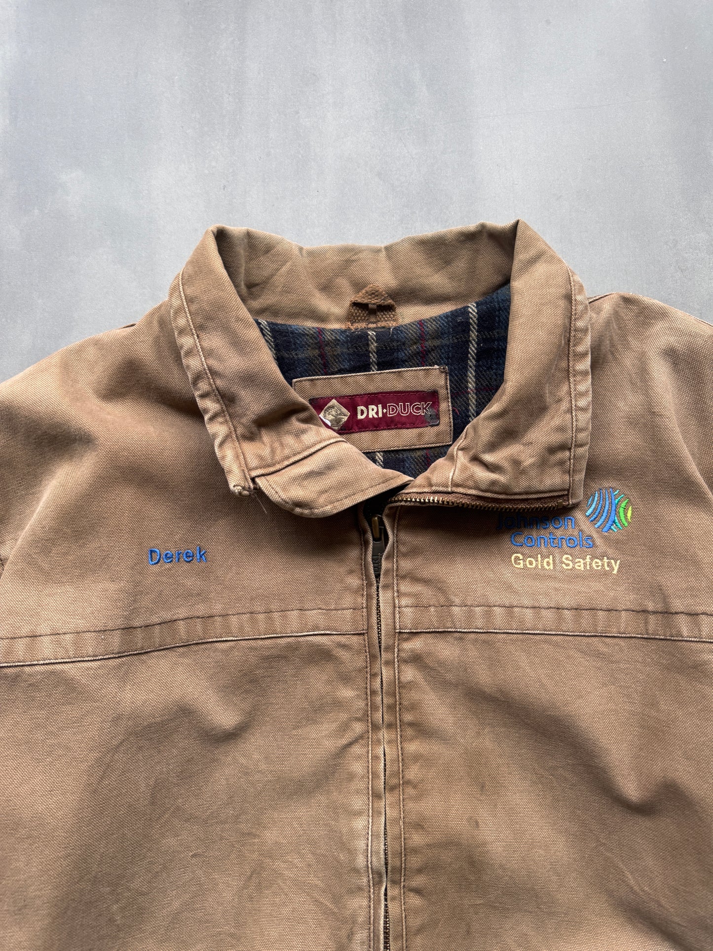 VINTAGE DRI DUCK GOLD SAFETY BROWN BLANKET LINED WORK JACKET - L