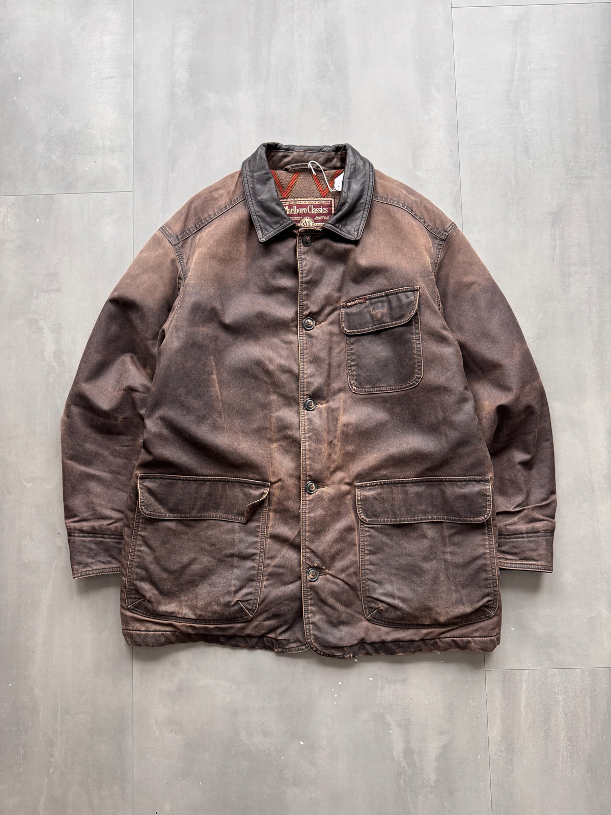 VINTAGE MARLBORO CLASSICS DARK BROWN AGED LEATHER TRENCHCOAT/JACKET - XL