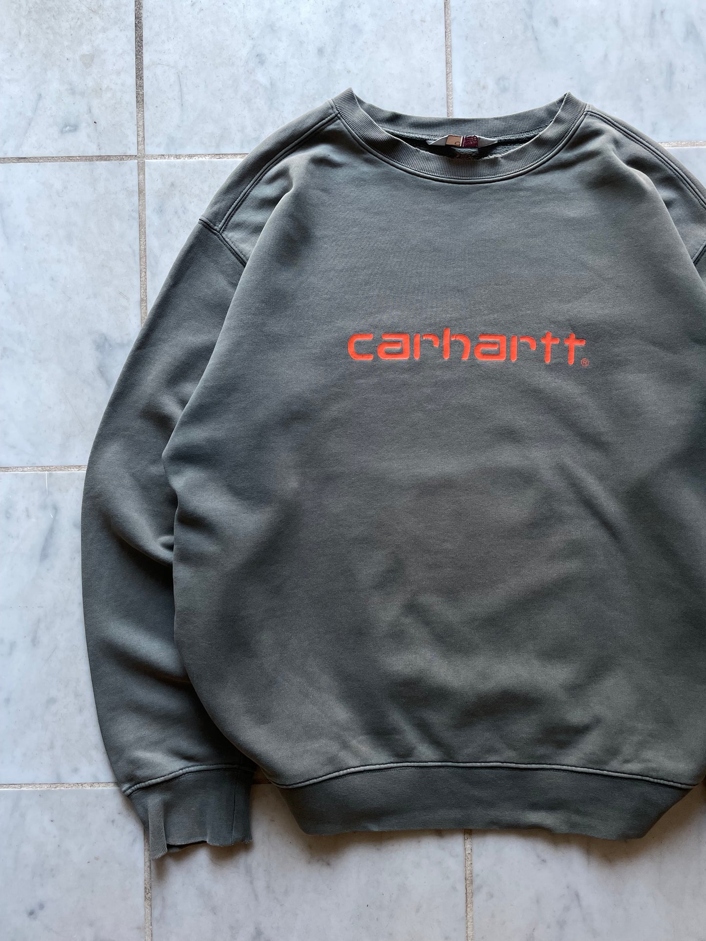 CARHARTT ORANGE LOGO GREY/GREEN SWEATER - LARGE/XLARGE