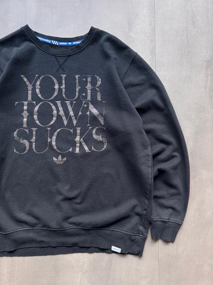 VINTAGE ADIDAS 'YOUR TOWN SUCKS' BLACK SWEATER - L