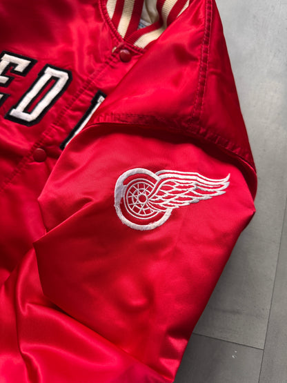 VINTAGE NHL STARTER DETROIT RED WINGS RED SATIN BOMBER JACKET - L
