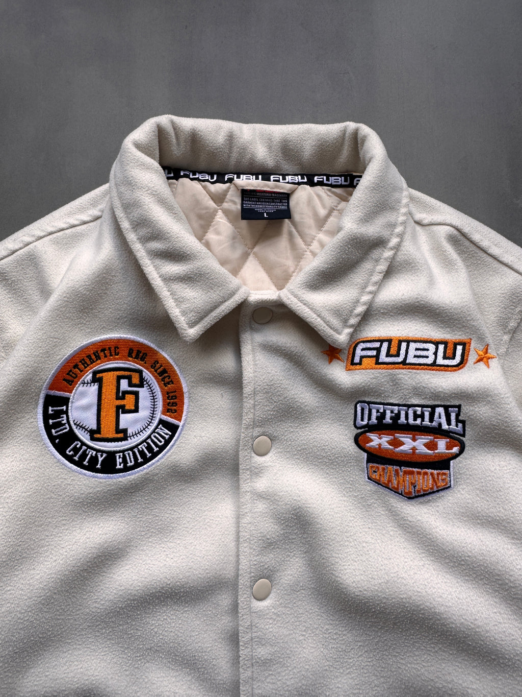 VINTAGE FUBU CREAM VARSITY JACKET - L