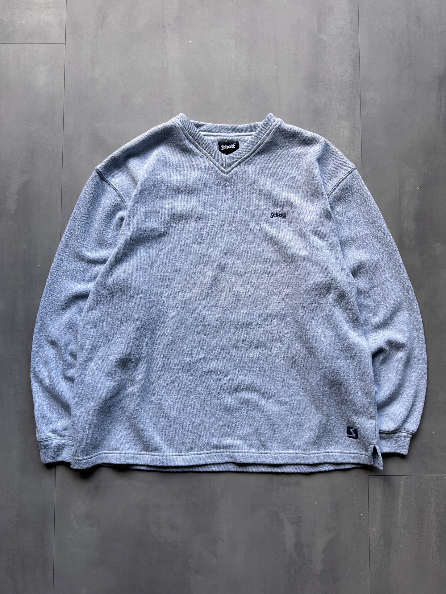 VINTAGE SCHOTT NYC LIGHT BLUE V-NECK SWEATER - L