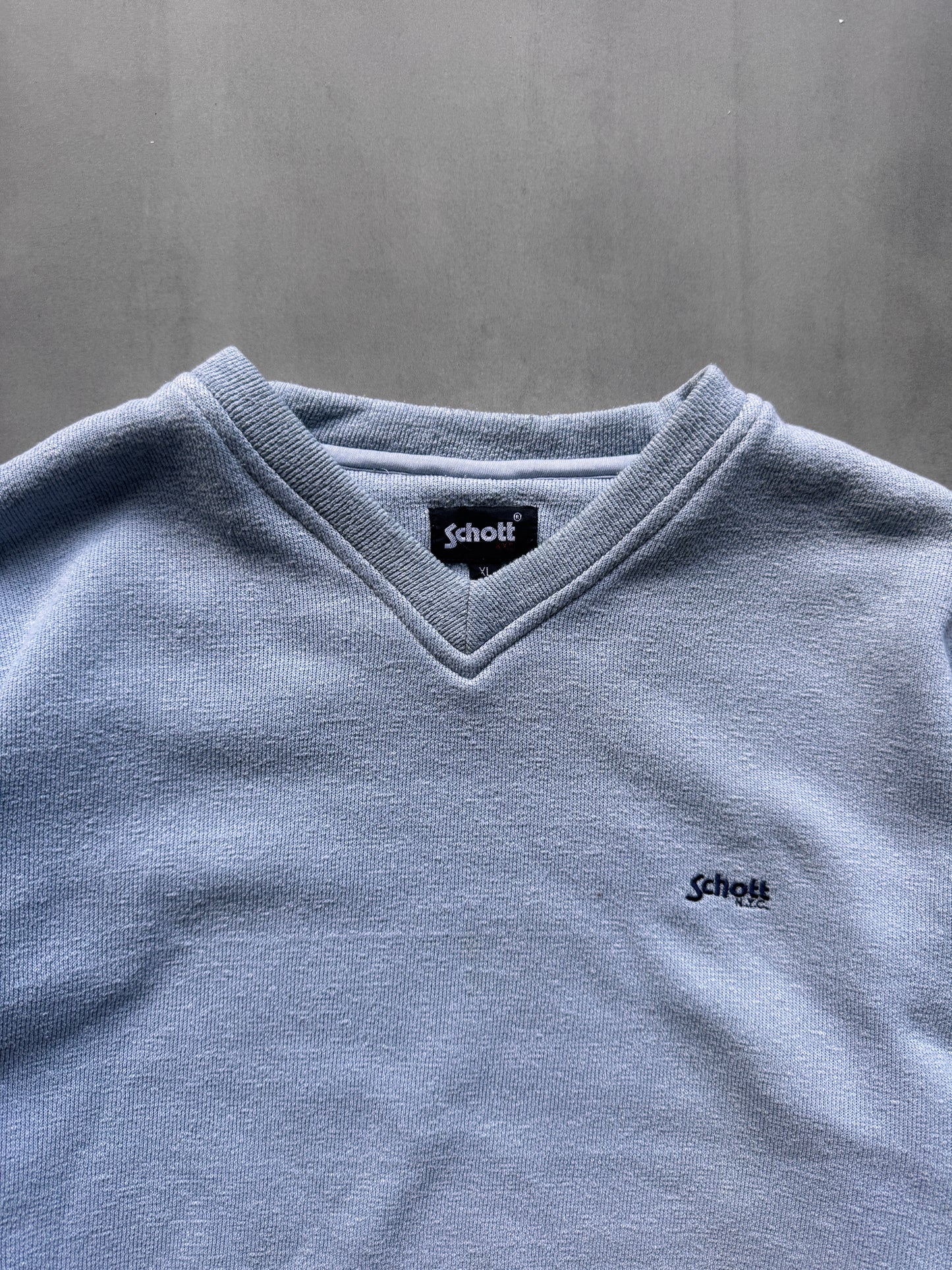 VINTAGE SCHOTT NYC LIGHT BLUE V-NECK SWEATER - L