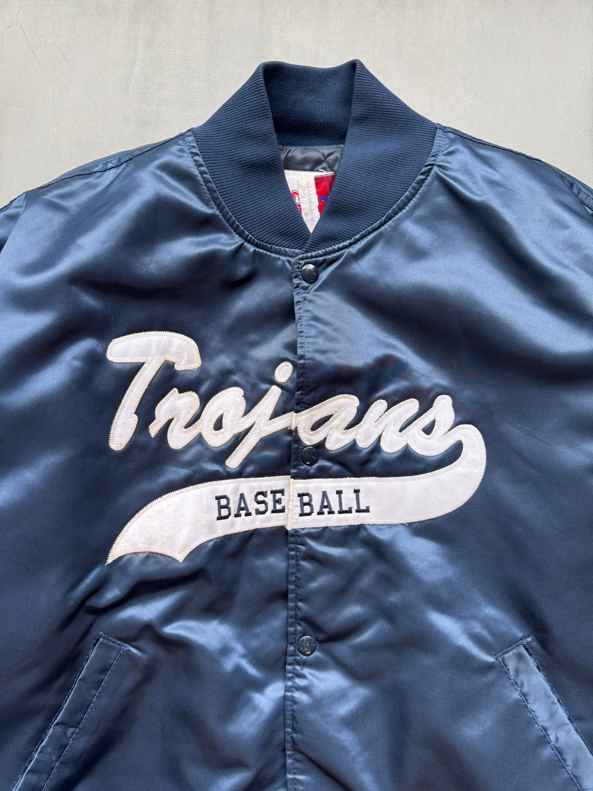 VINTAGE TROJANS BASEBALL NAVY SATIN BOMBER JACKET - XL